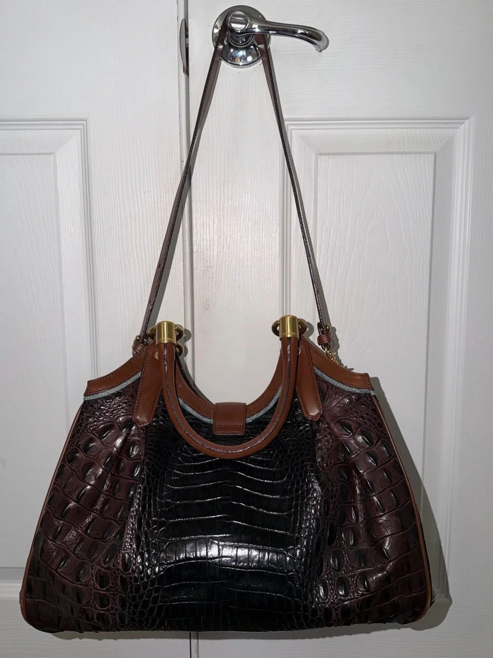 Brahmin Elisa Melbourne Croc Embossed Leather Footed Satchel Shoulder Strap